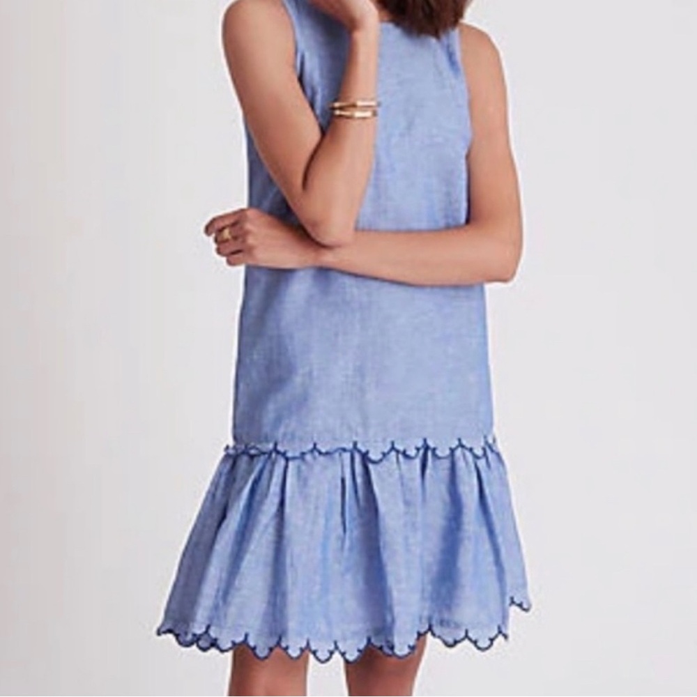 Ann Taylor Womens Flounce Dress Size 10 Blue Chambray Linen Blend Lined Preppy